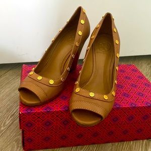 Tory Burch peep toe leather wedges